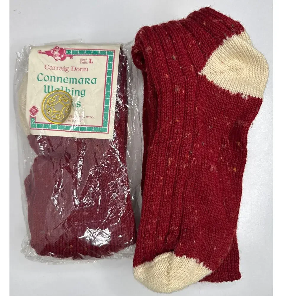 1980s Vintage Carraig Donn Irish Wool Knee-High Socks Red NEW 2 pairs NWT Size L